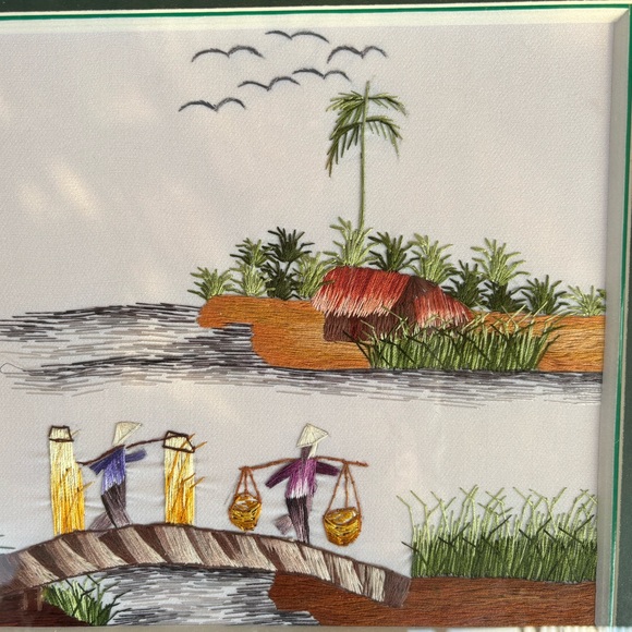 Framed Handmade Silk Embroidery Asian Village Scene Size 13.5”x17.5” - Picture 2 of 8